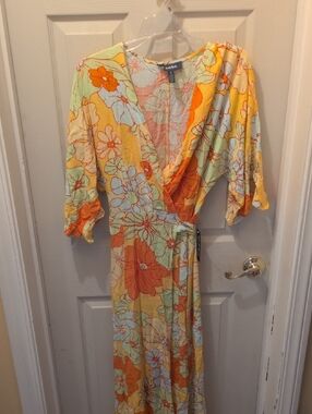 ModCloth Floral Wrap Maxi Dress — Yellow, Orange & Mint Sz Small